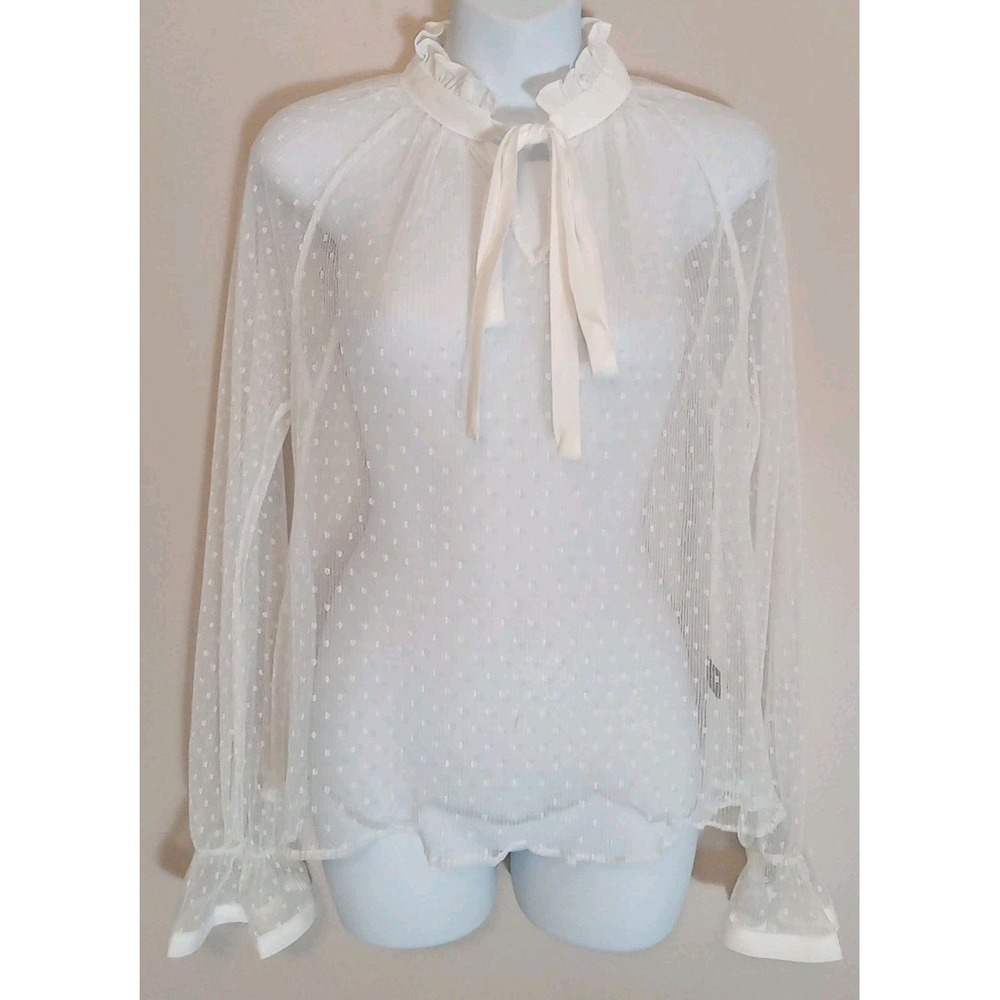 Story On Women White Sheer Lace‎ Geometric Bell Sleeve Ruffle Neck Top Size M
